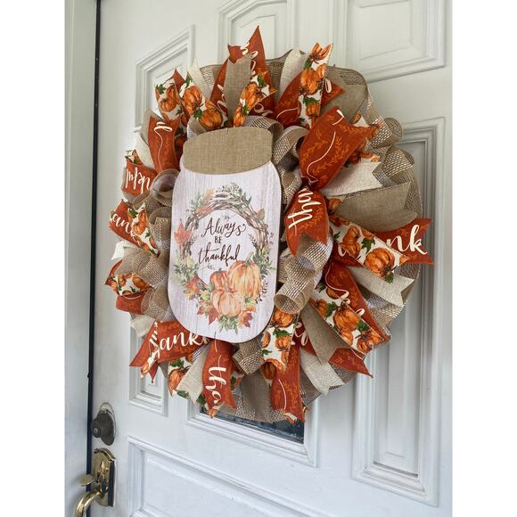 Always Be Thankful Wreath – 24” Fall Pumpkin Front Door Decor – Handmade Wreath - Picture 7 of 8